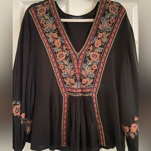 American Eagle Outfitters Black Blouse with Red and Orange Embroidery
